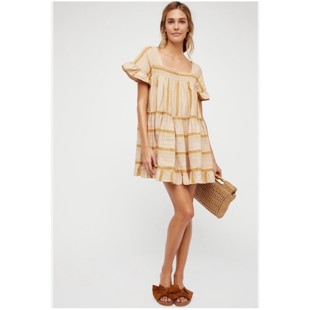 Free People Mustard Sadie Striped Tunic  Dress Small Bohemian Coastal Linen